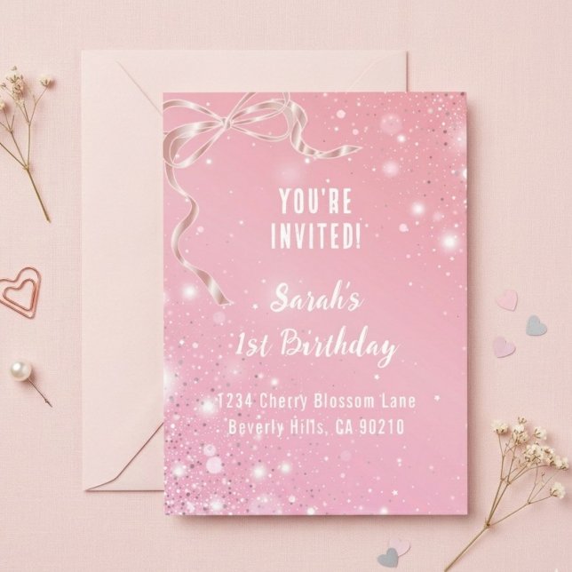 Coquette 1st Birthday Invitations Pink Bow  Inbjudningar (Skapare uppladdad)