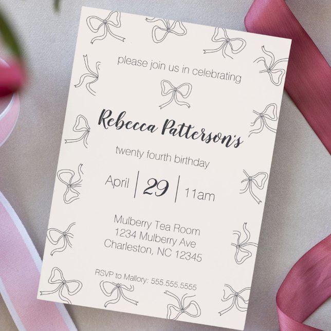 Coquette Aesthetic Black Bow Cute Feminine Party Inbjudningar (coquette aesthetic black bows pattern cute feminine party invite girly shabby chic tea party Bach )