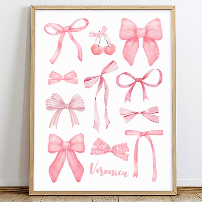 Coquette Aesthetic Cute Girly Rosa Bows med Namn Poster (Coquette poster, coquette wall art, pink bow poster, personalized cute girly aesthetic art print)