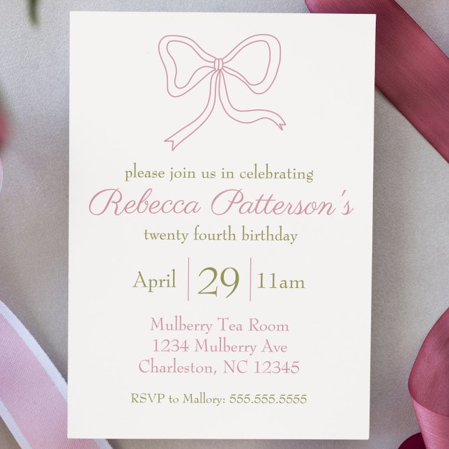Coquette Aesthetic Rosa Bow Feminine Bday Party Inbjudningar (coquette aesthetic birthday party invitation pink bow cute script feminine girly shabby chic vintage)