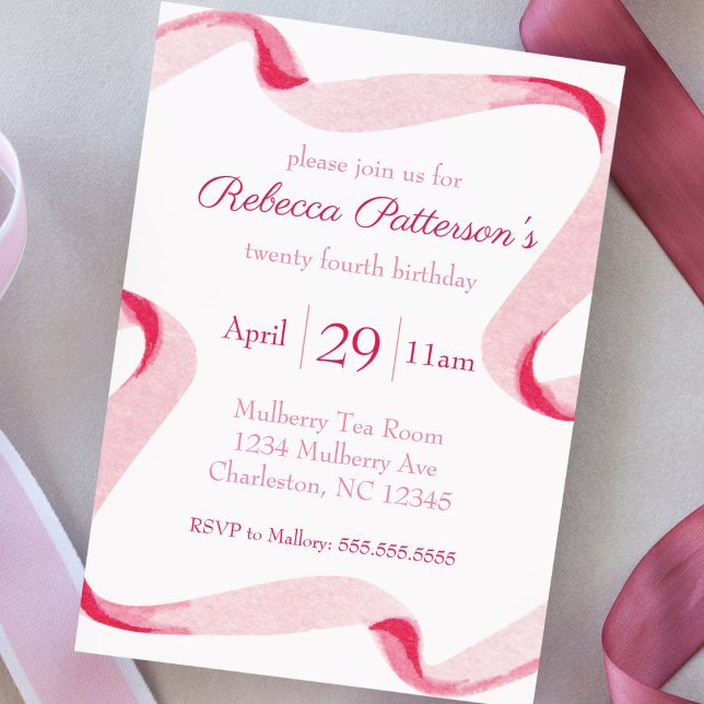 Coquette Aesthetic Rosa Ribbon Feminine Bday Party Inbjudningar (coquette aesthetic birthday party invitation pink ribbon feminine girly cute party invite watercolor)