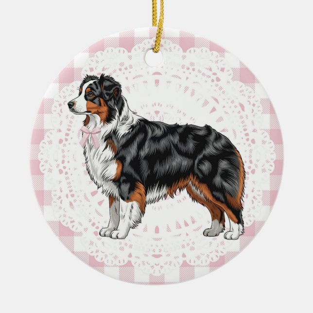 Coquette Australian Shepherd Dog Pink Gingham Bows Julgransprydnad Keramik (Framsidan)