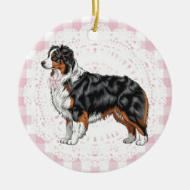 Coquette Australian Shepherd Hund Rosa Ginghamslin Julgransprydnad Keramik