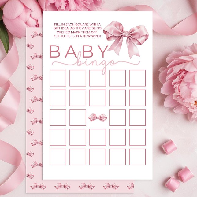 Coquette Baby Shower Bingo Game - Elegant Rosa Bow (Baby Bingo Game Card)