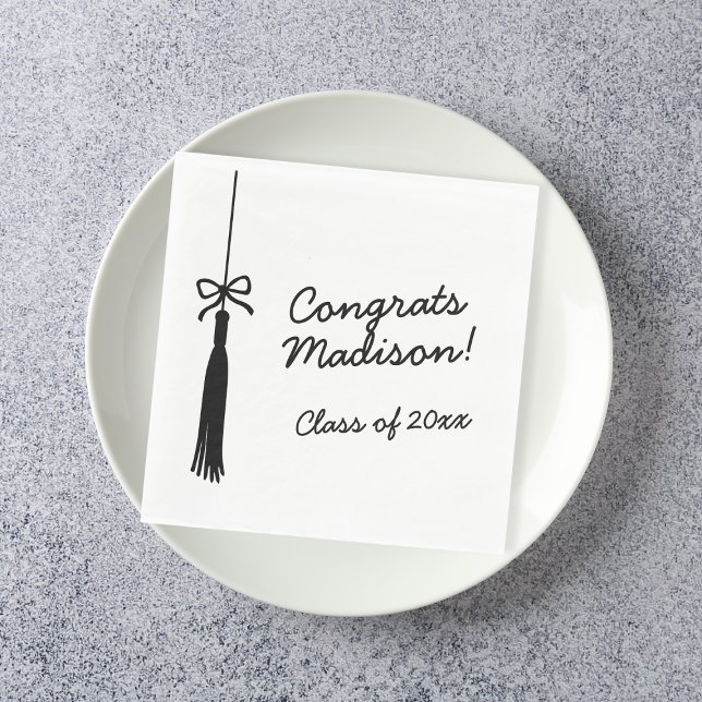 Coquette-båge examenstransel Svart & Vit Examen Pappersservett (Coquette Bow Grad Tassel Black & White Graduation Napkins)