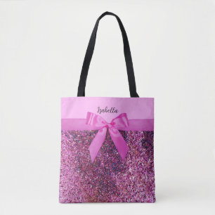 Coquette-båge och rosa lila glitter namnskrift tygkasse