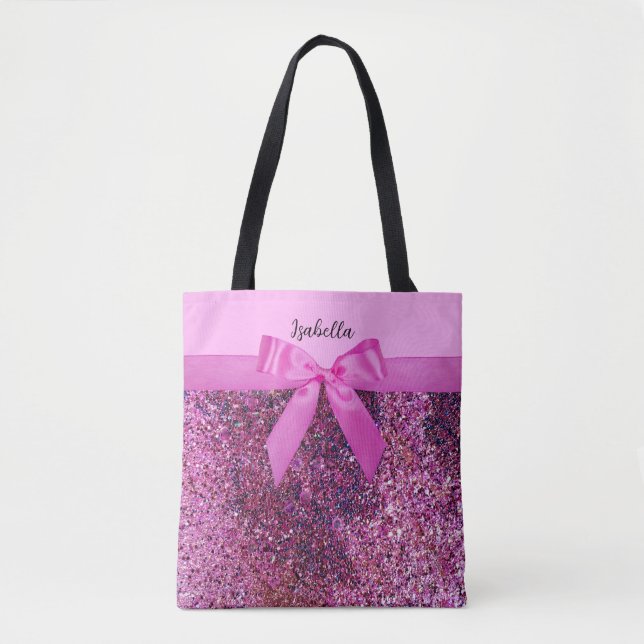 Coquette-båge och rosa lila glitter namnskrift tygkasse (Framsida)