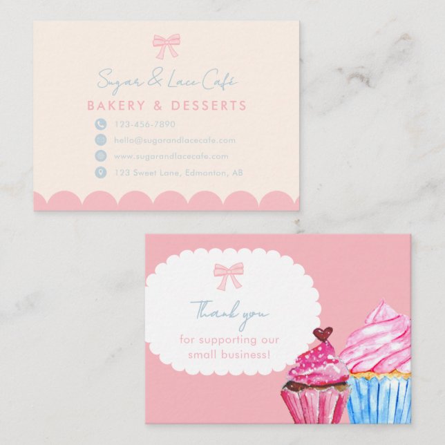 Coquette Bakery Rosa Båge Söt Pastellblå Visitkort (Fram/baksida)