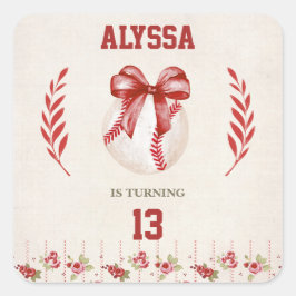 Coquette Baseball Red Bow Blommigt Vintage Birthag Fyrkantigt Klistermärke
