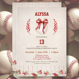 Coquette Baseball Red Bow Blommigt Vintage Birthag Inbjudningar