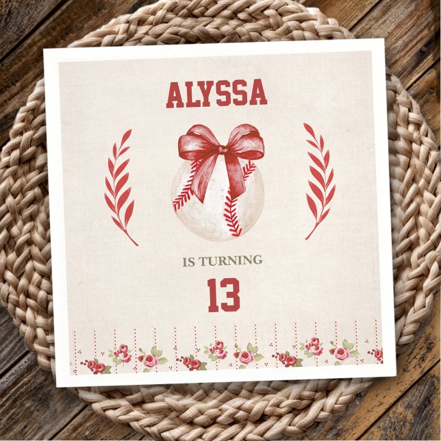 Coquette Baseball Red Bow Blommigt Vintage Birthag Pappersservett (Coquette Baseball Red Bow Floral Vintage Birthday Napkins)