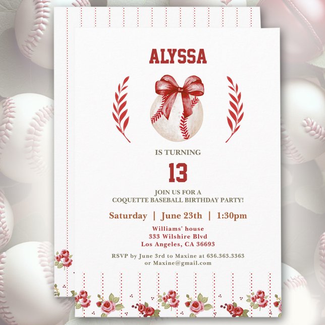 Coquette Baseball Red Bow Modern Girl Birthday Inbjudningar (Coquette Baseball Red Bow Floral Modern Birthday Invitation)
