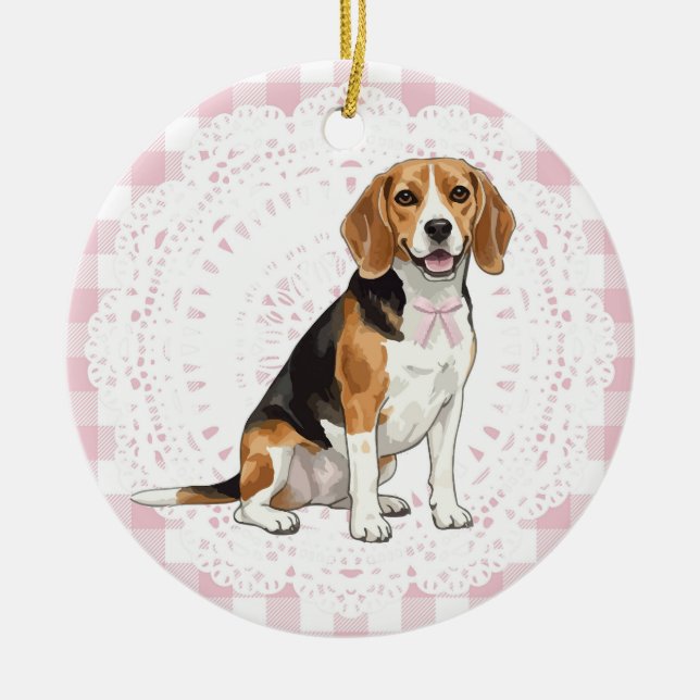 Coquette Beagle Dog Pink Gingham Bows Julgransprydnad Keramik (Framsidan)