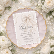 Coquette Beige Slöja och Pärl Dop Inbjudan