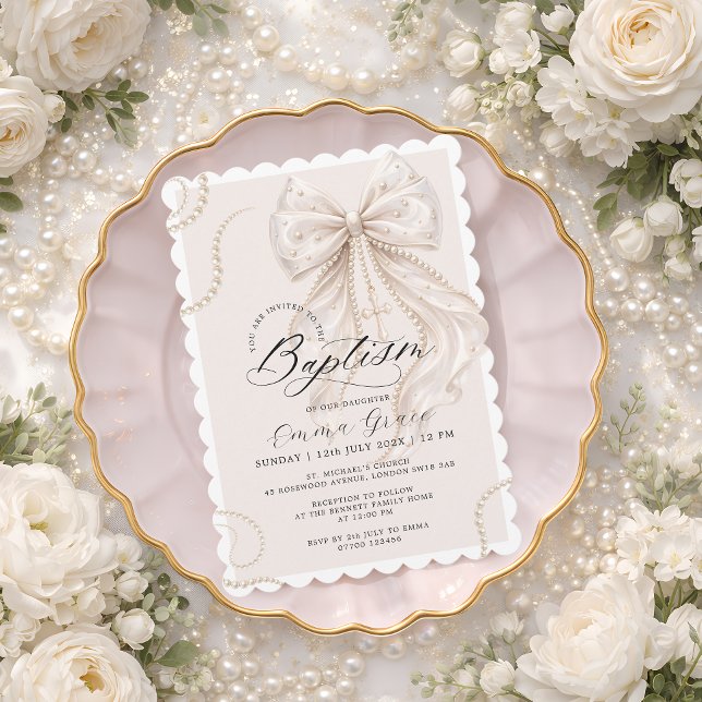 Coquette Beige Slöja och Pärl Dop Inbjudan (Skapare uppladdad)