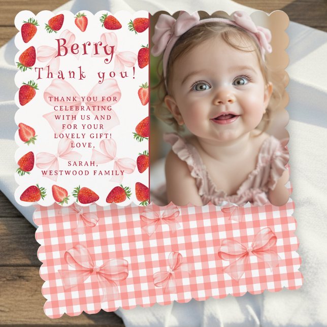 Coquette Berry First Birthday Photo Thank You Card (Coquette Berry First Birthday Photo Thank You Card)