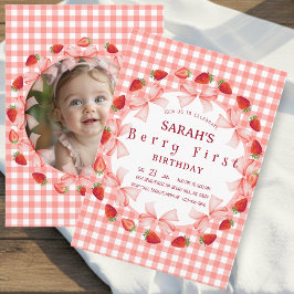 Coquette Berry First Birthday Red Gingham Photo Inbjudningar