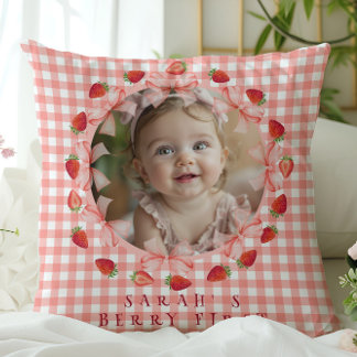 Coquette Berry First Birthday Red Gingham Photo  Kudde