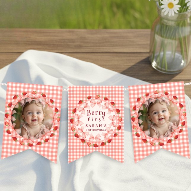 Coquette Berry First Birthday Red Gingham Photo Vimplar (Coquette Berry First Birthday Red Gingham Photo Bunting Flags)