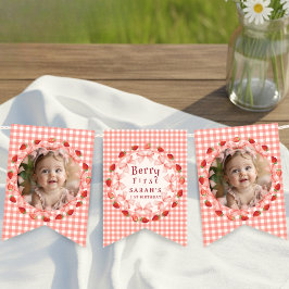 Coquette Berry Första Födelsedag Röd Gingham Foto Vimplar