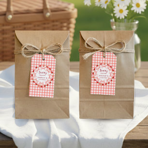 Coquette Berry Första Födelsedag Röd Gingham Presentetikett