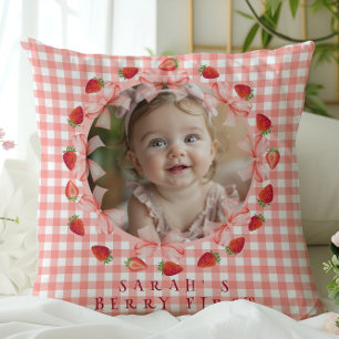 Coquette Berry Första Födelsedag Röd Rutig Foto Kudde
