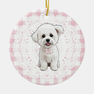 Coquette Bichon Frise Dog Pink Gingham Bows Julgransprydnad Keramik