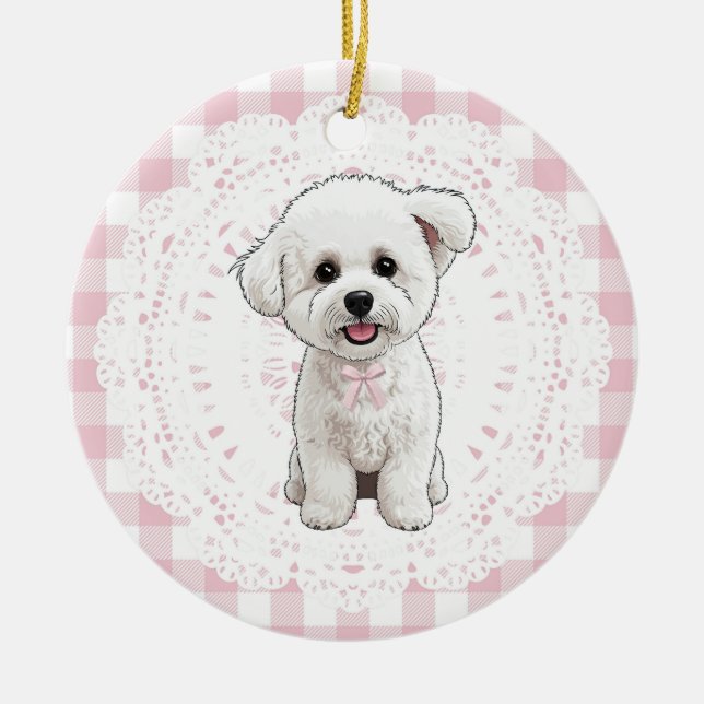 Coquette Bichon Frise Dog Pink Gingham Bows Julgransprydnad Keramik (Framsidan)