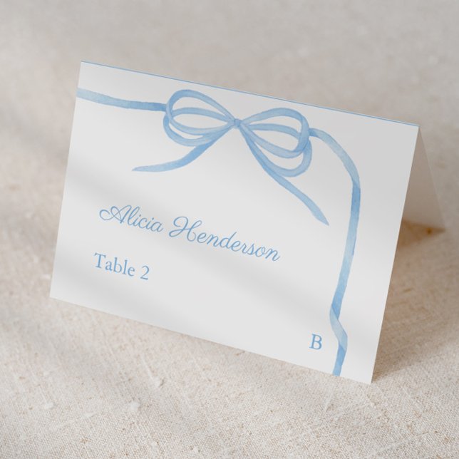 Coquette Blå Band Individuella Bröllopsplatskort Bordsnummer (Pretty light blue bow baby shower or bridal shower individual place card design)