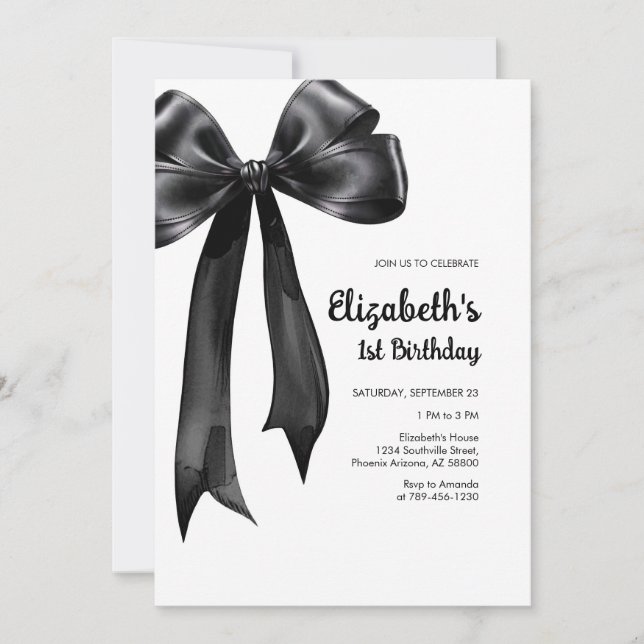 Coquette Black Bow Birthday Invitation Inbjudningar (Framsida)