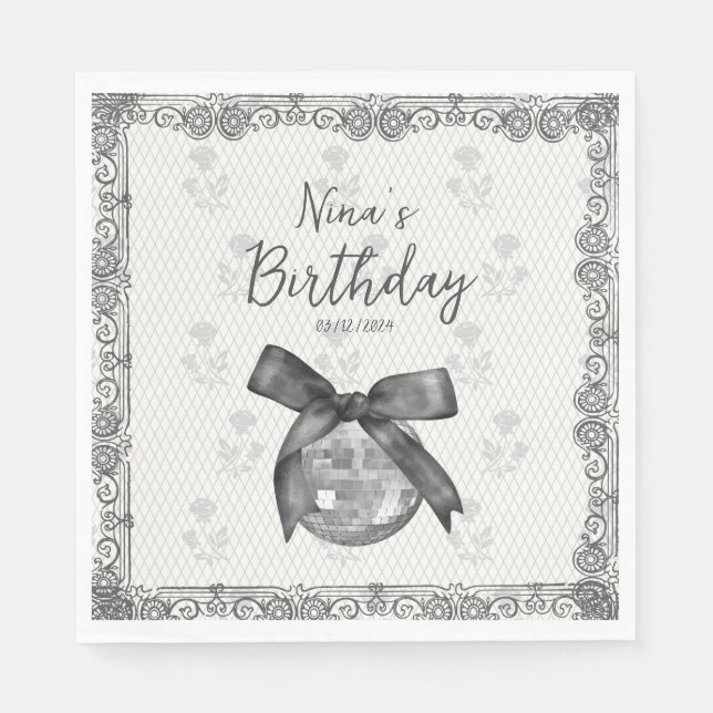 Coquette Black Bow & Disco Boll Elegant Birthday Pappersservett (Framsidan)