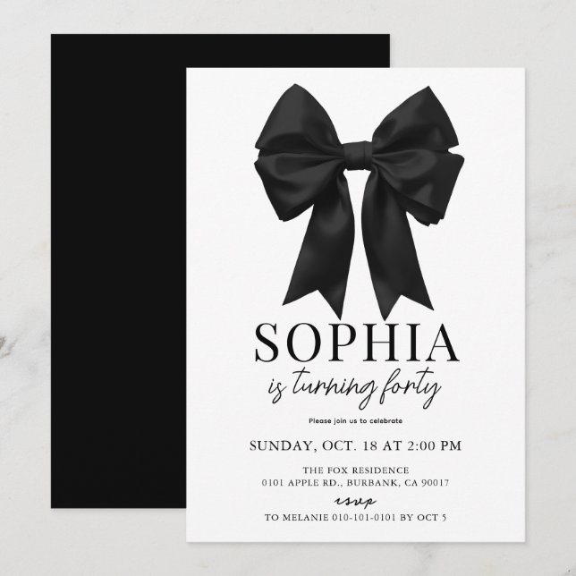 Coquette Black Bow Ribbon Vuxen Birthday Inbjudningar (Fram/baksida)