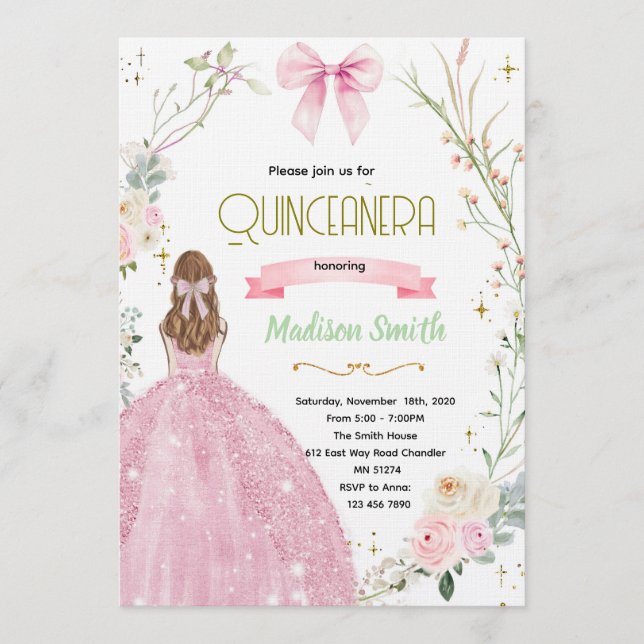 Coquette Blommig Quinceanera Inbjudan (Framsida)