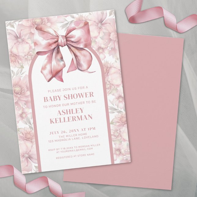 Coquette Blommig Slöja Rosa Flicka Bebisdopp Inbjudningar (Coquette Floral Bow Pink Girl Baby Shower Invitation)