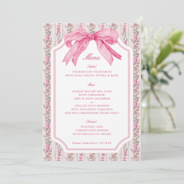Coquette Blommigt Rosa Bow Party Bord Menu Inbjudningar (Stående Fram)