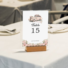 Coquette Blommigt Rosa Retro Car Bröllop Bordsnummer