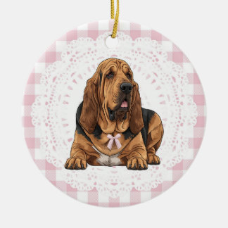 Coquette Bloodhound Dog Pink Gingham Bows Julgransprydnad Keramik