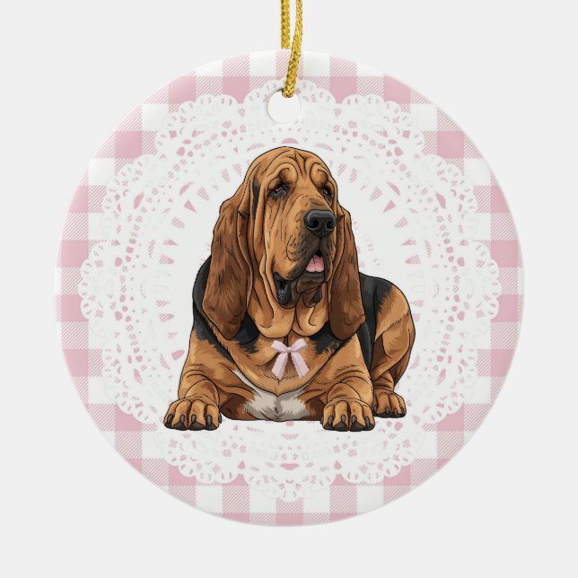 Coquette Bloodhound Dog Pink Gingham Bows Julgransprydnad Keramik (Framsidan)