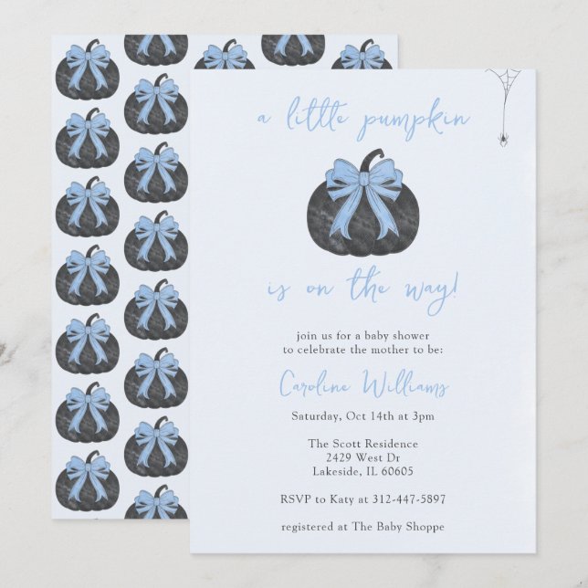Coquette Blue Bow A Little Pumpkin Fall Halloween Inbjudningar (Fram/baksida)