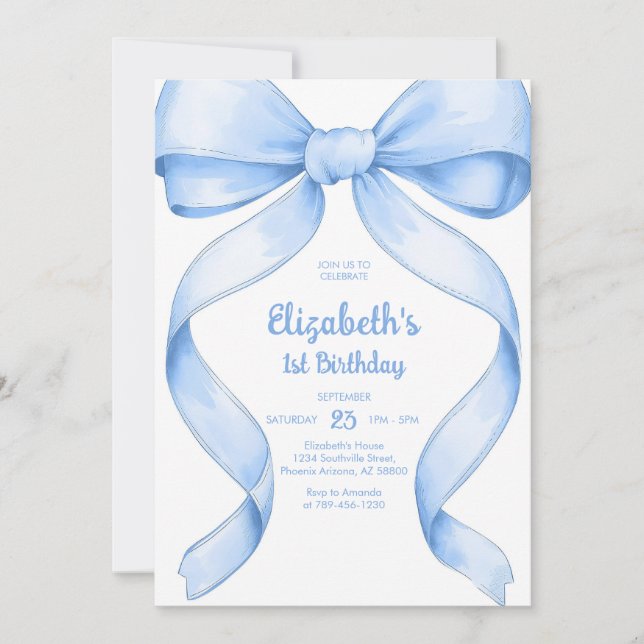 Coquette Blue Bow Birthday Invitation Inbjudningar (Framsida)
