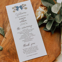 Coquette Blue Gult Bows Bröllop Ceremony Program