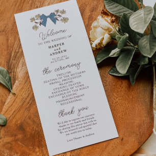 Coquette Blue Gult Bows Bröllop Ceremony Program