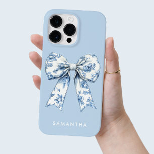 Coquette Blue Watercolor Toile Bow med vit Namn