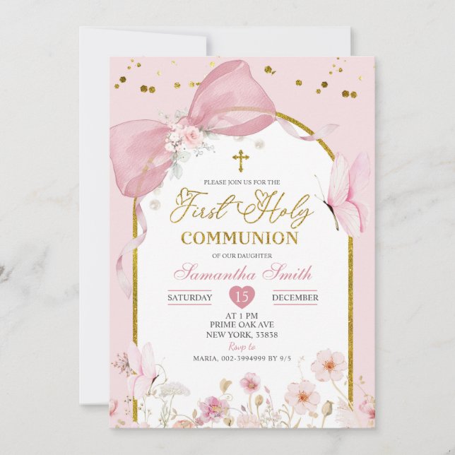 Coquette Blush Pink Butterfly First Holy Communion Inbjudningar (Framsida)