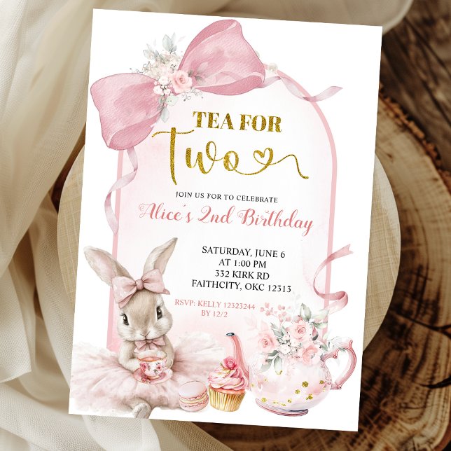 Coquette Blush Pink Floral Bow Bunny Tea Party  In Inbjudningar (Skapare uppladdad)