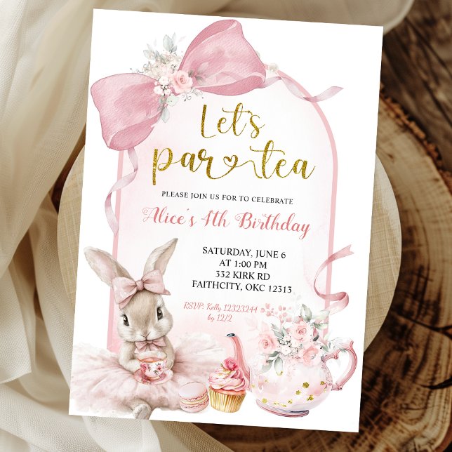 Coquette Blush Pink Floral Bow Bunny Tea Party  Inbjudningar (Skapare uppladdad)