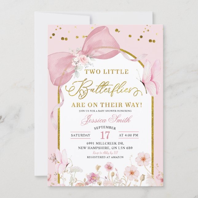 Coquette Blush Pink Twins Butterfly Baby Shower Inbjudningar (Framsida)