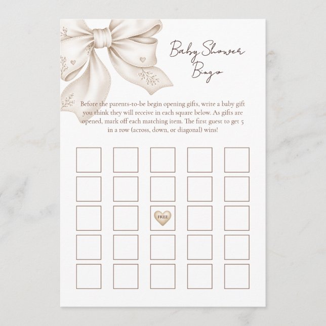 Coquette Bow Baby Shower Bingo Kort (Framsida)