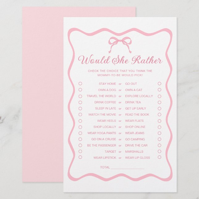 Coquette Bow Baby Shower, skulle hon hellre spela? (Fram/baksida)