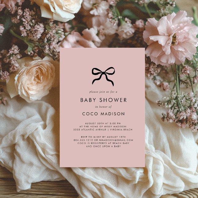 Coquette Bow Babyfirande Inbjudan Flicka Inbjudan (Elegant Minimal Bow Baby Shower Invitation - Blush Pink)